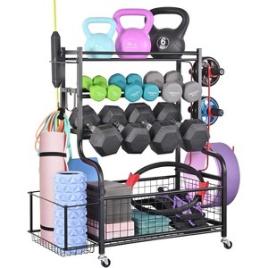 ZACHVO Rolling 3-Tier Dumbbell Rack – Yoga Mat & Kettlebell Storage w/ Hooks, Black - 1 of 4
