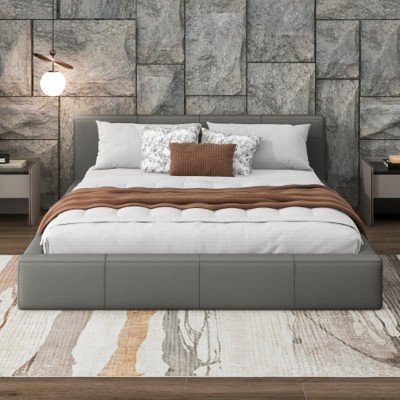 Upholstered Platform Bed Frame with Faux Leather, Low Profile King Bed with Slats, Modern Gray Bed for Bedroom or Guest Room-The Pop Home