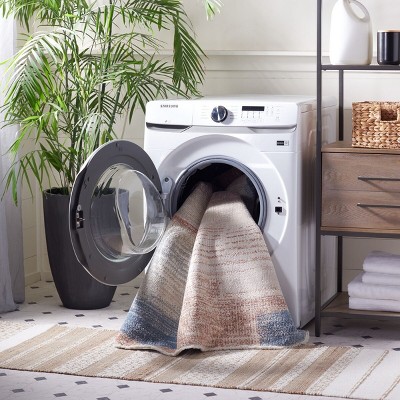 Beige and Blue Rust Abstract Washable Area Rug