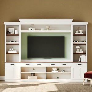 Farmhouse 4-Piece Entertainment Wall Unit with Bookshelf for TVs Up to 70, Large Mid-Century Media Console with Wine Rack and Adjustable Shelves - 1 of 4