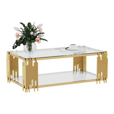 Dolonm Stainless Steel Rectangle Glass Coffee Table for Living Room 51.18" Modern Center Table with Clear Tempered Glass 8mm Gold Leg