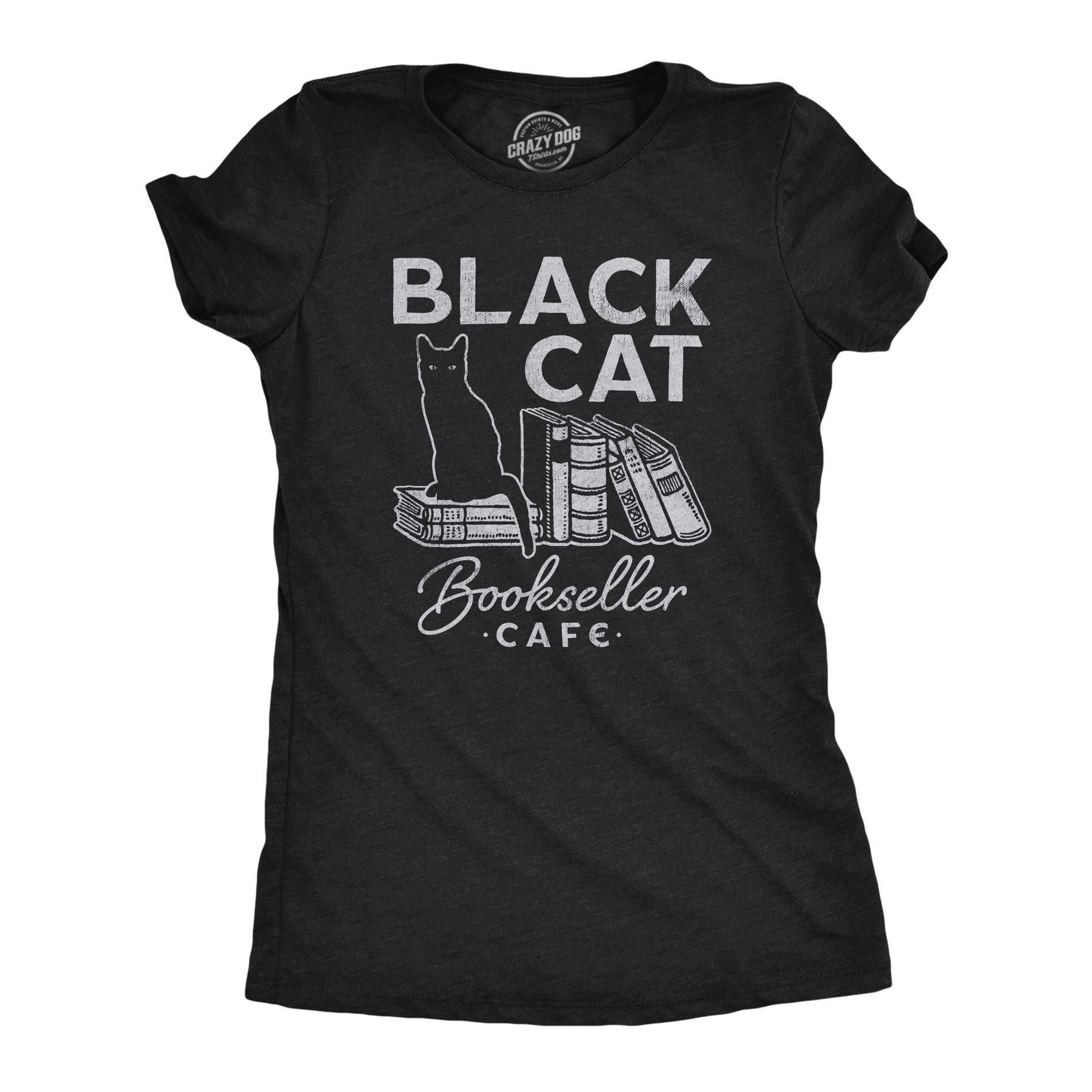 Womens Black Cat Bookseller Cafe T Shirt Funny Halloween Book Lovers Novelty Tee for Ladies - Crazy Dog Women's T Shirt For Halloween Season Black M