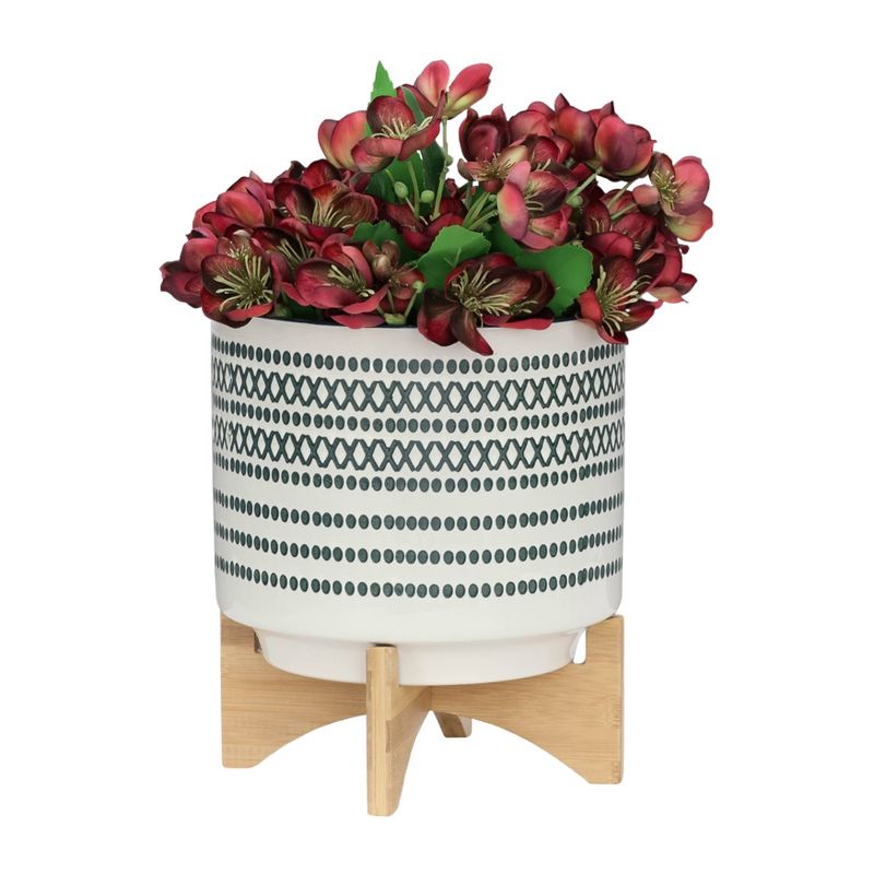 Sagebrook Home 10&#34; Wide Patterned Ceramic Planter Pot with Wood Stand Blue, 4 of 10
