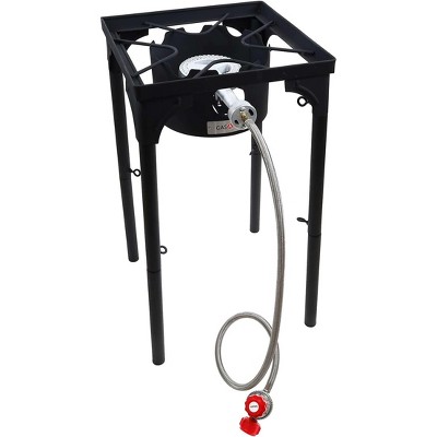 GasOne Propane Single Burner Camp Stove with High Temp Paint & Red QCC Steel Braided Regulator with Height Adjustable Leg
