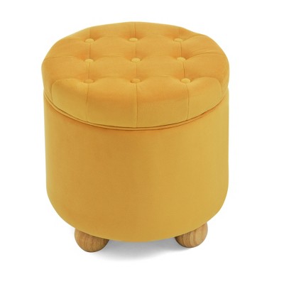 GDFStudio Hilary Round Storage Button-Tufted Velvet Upholstered 18.5" Ottoman with Solid Wood Oval Legs