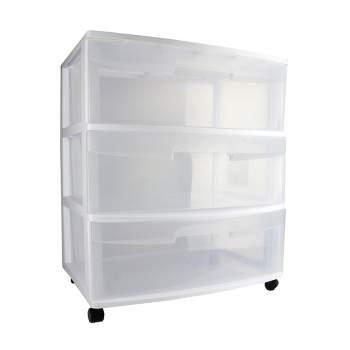 Sterilite Wide 3 Drawer Rolling Storage Cart Container with Casters For Bedroom, Dorm. and Kitchen, Clear Drawers and White Frame