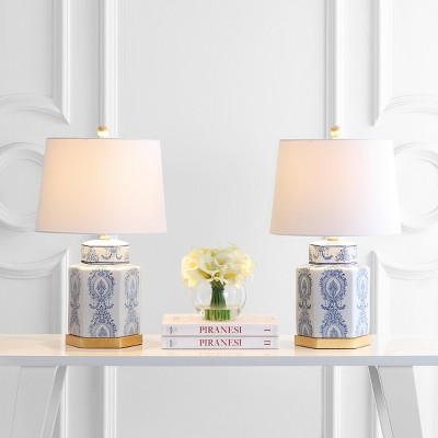 Bodin Blue and White Ceramic Table Lamp Set with Gold Leaf Finish