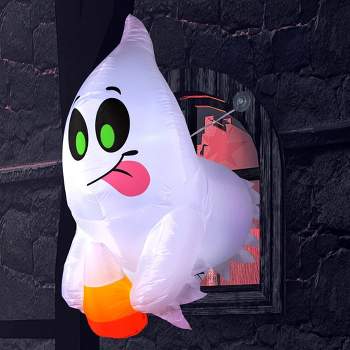 Syncfun 4 FT Halloween Inflatable Ghost with Candy Broke Out from Window, Blow Up Build-in LED for Halloween Party Indoor, Outdoor
