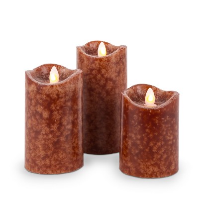 Everlasting Glow Set of Three 3 Brown LED Pillar Candles with Aurora® Flame and Remote Control