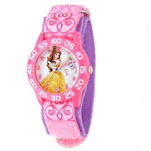 Girls' Disney Princess Belle Floral Print Plastic Time Teacher Watch - Pink  : Target