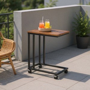 FurnitureR End Table C Shaped, Snack Side Table with Rolling Wheels for Sofa Couch and Bed, Portable, Easy Assembly, Metal Frame, Rustic Brown - 1 of 4