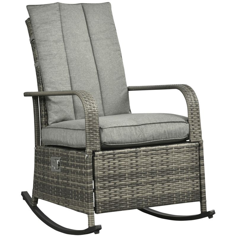 Outsunny Outdoor Rattan Wicker Rocking Chair Patio Recliner with Soft Cushion, Adjustable Footrest, Max. 135 Degree Backrest, 1 of 8