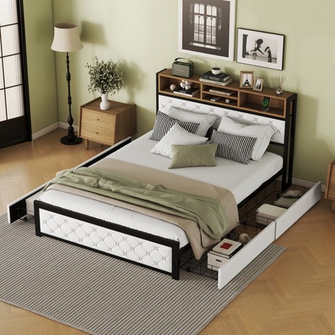 Queen Size Metal Platform Bed Frame With Storage Headboard, 4 Drawers ...