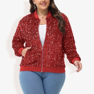 Anna-Kaci Women's Plus Size Sequin Zip-Up Bomber Jacket with Pockets - 1 of 4