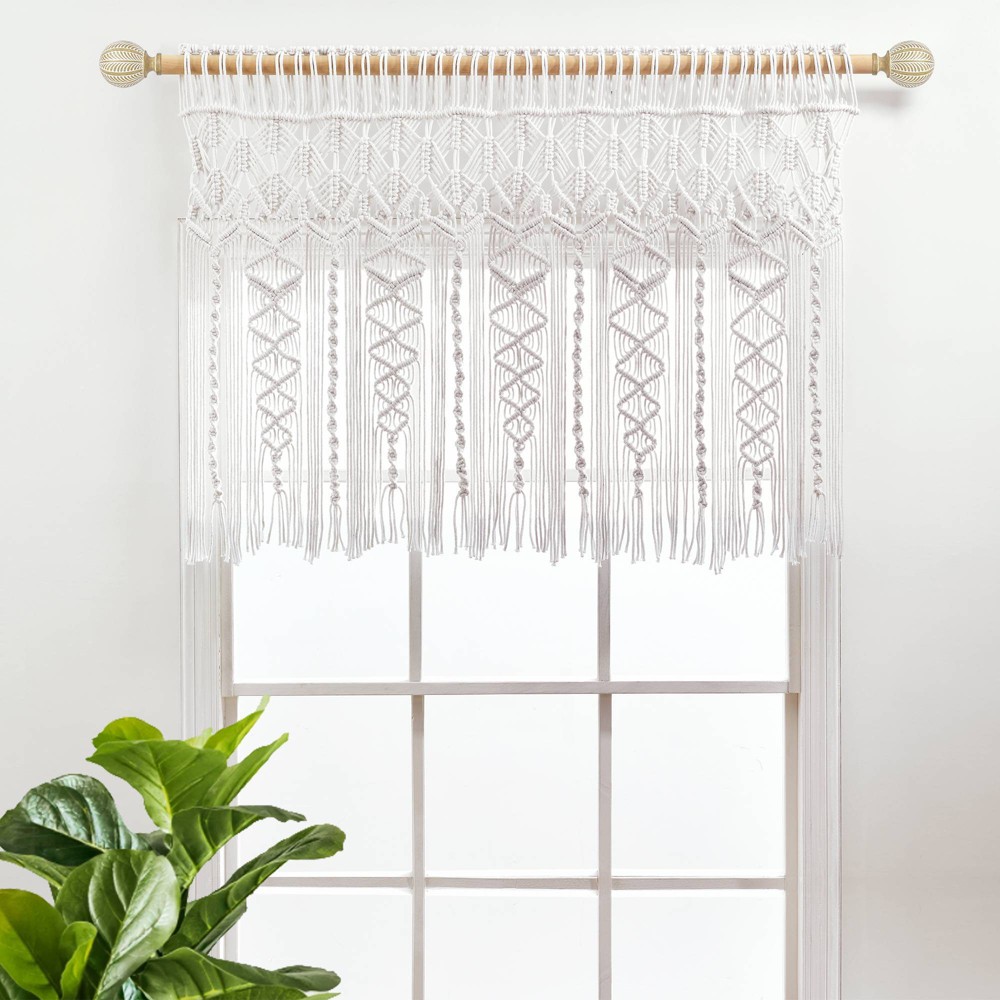 Photos - Curtain Rod / Track 30"x40" Boho Macrame Textured Cotton Window Valance White - Lush Décor