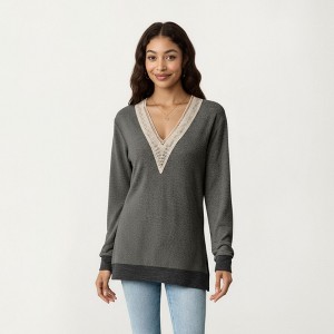 Anna-Kaci Women's Long Sleeve V-Neck Top with Contrast Crochet Trim and Relaxed Hem - 1 of 4