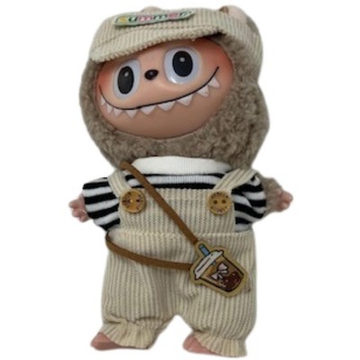 Doll Clothes Superstore Tan Overalls, Striped Shirt & Matching Hat for 17.5 cm Labubu Dolls