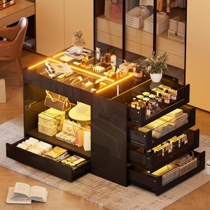 PAKASEPT Armoire Bedroom Island Wardrobe Closet Island with 8 Drawers & Glass Tabletop, LED Island Dresser with Jewelry Organizer, for Bedroom, Black - 1 of 4