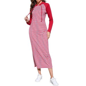 Women's Stripe Hoodie Dress Long Sleeve Side Slit Sweatshirts Maxi Dresses with Front Pocket - 1 of 4