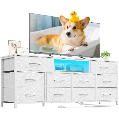 Furnulem 55” Long Dresser for Bedroom TV Stand for 55” to 65” TV White Dresser with 10 Fabric Drawers Entertainment Center with Power Outlet LED Light