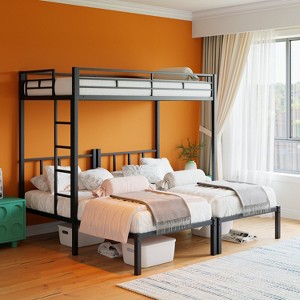 SeaCamel Triple Twin Metal Bunk Bed w/ Guardrails & Ladder, 3-in-1 Convertible for Dorm/Guest Room, No Box Spring, Black - 1 of 4