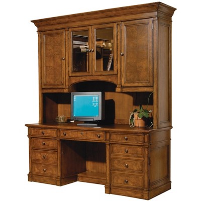 Brown Wood Executive Desk with Drawers and Power Outlet