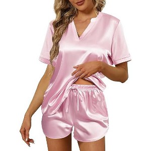 Ekouaer Silk Pajamas for Women Short Sleeve Satin Sleepwear Two-piece Pjs Set Soft V Neck Loungewear - 1 of 4