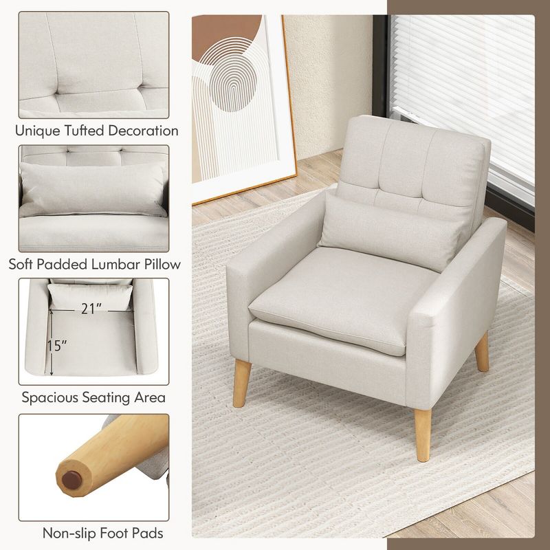 Tangkula 2PCS Mid-century Accent Chair Linen Fabric Reading Armchair w/ Lumbar Pillow, 4 of 9