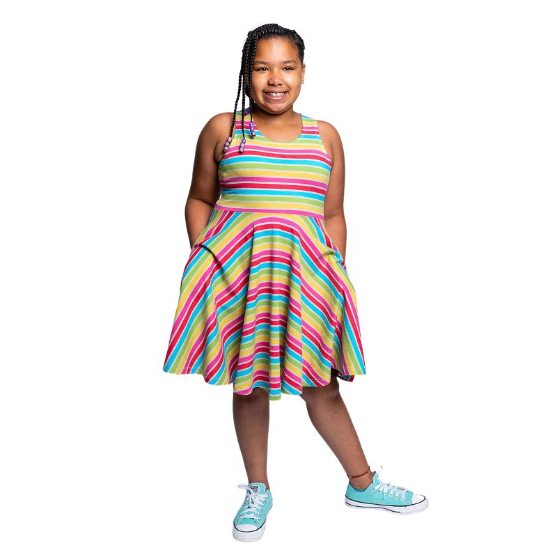 Mightly Girls Fair Trade Organic Cotton Sleeveless Twirl Dress, Rainbow Stripe, 3 of 5