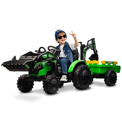 Ride on Tractor with 3-in-1 Functions, 24v Kids Electric Construction Vehicle, Excavator & Bulldozer Play, Remote Control, EVA Tires, LED Lights