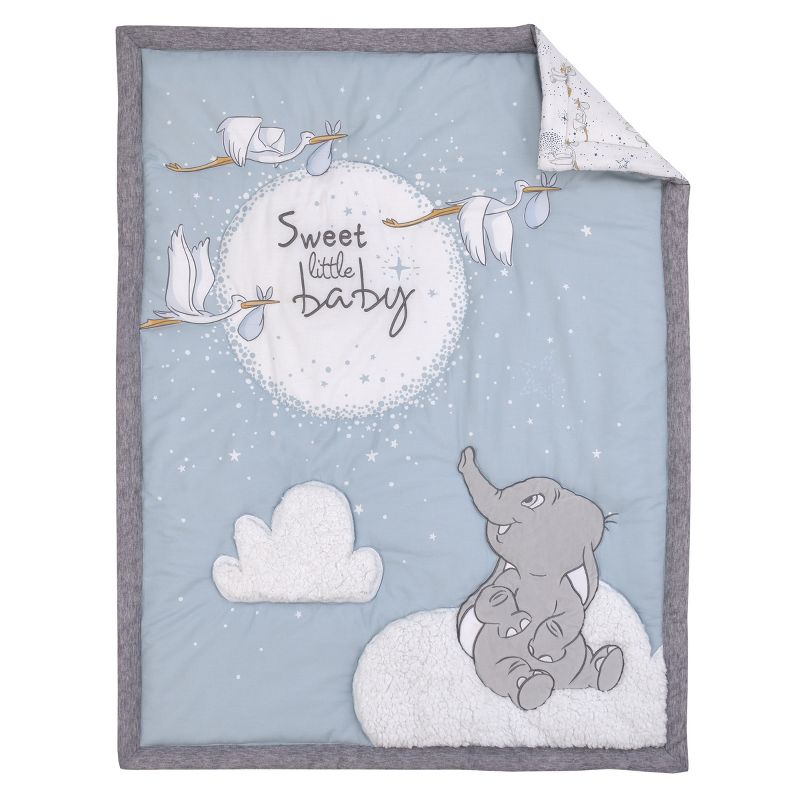 Disney Dumbo Sweet Little Baby Light Blue, Gray, and White Storks, Stars, Clouds and Moon 3 Piece Nursery Crib Bedding Set, 2 of 9