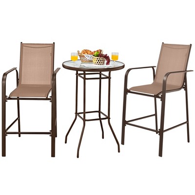 Tangkula 3PCS Patio Bar Set Outdoor Bistro Set w/ 2 Stools & 1 Tempered Glass Table Brown