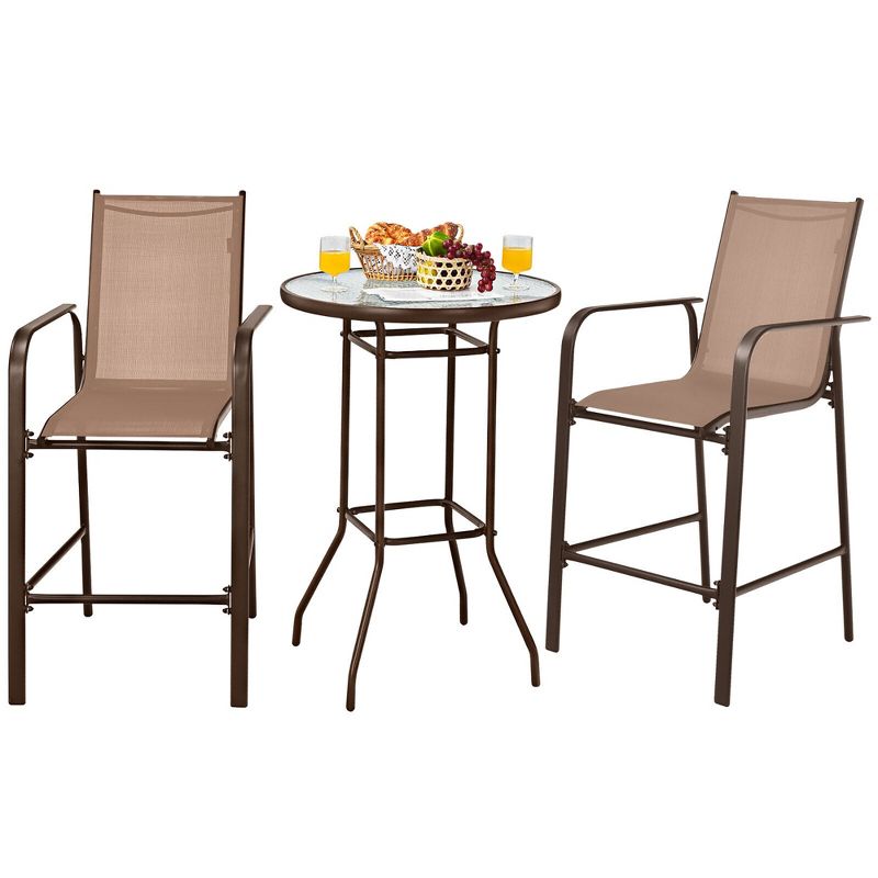 Tangkula 3PCS Patio Bar Set Outdoor Bistro Set w/ 2 Stools & 1 Tempered Glass Table Brown, 1 of 7