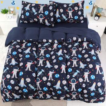 PiccoCasa Kids Polyester Microfiber Space Astronaut Pattern Duvet Cover Sets with 2 Pillowcases 5 Pcs