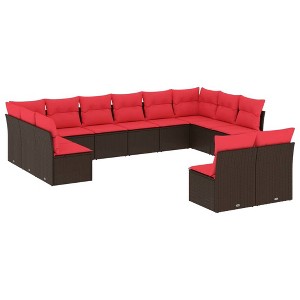 vidaXL 12 Piece Patio Sofa Set with Cushions Brown Poly Rattan - Brown and Red Without Table - 1 of 4