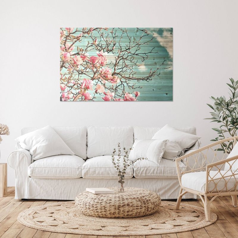 24&#34; x 36&#34; Magnolia Blossom Print on Planked Wood Wall Sign Panel Light Blue/Pink - Gallery 57, 4 of 7