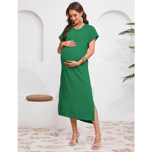Women's Maternity Summer Dress Short Sleeve Crew Neck Pregnancy Clothe Fine Ribbed Baby Shower Dress - 1 of 4