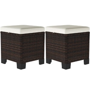 2 Piece Wicker Outdoor Ottomans with Cushions, Rattan Ottoman Footrest and Side Table for Patio, Poolside - 1 of 4