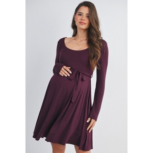 Hello Miz Women's Scoop Neck Long Sleeve Maternity Tie Waist Dress - 1 of 4