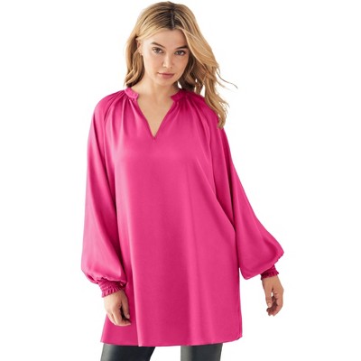 ellos Plus Size Satin V-Neck Tunic With Blouson Sleeves