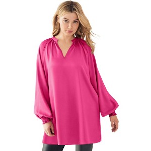 ellos Plus Size Satin V-Neck Tunic With Blouson Sleeves - 1 of 4