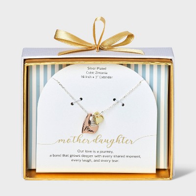 Silver Plated Two Tone Cubic Zirconia Triple Heart Mom Pendant Necklace - Silver/Gold