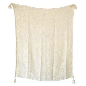 Hand Woven Tasseled Throw Blanket Cream Polyester by Foreside Home & Garden - 1 of 4