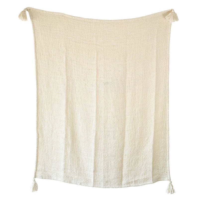 Hand Woven Tasseled Throw Blanket Cream Polyester by Foreside Home & Garden, 1 of 7