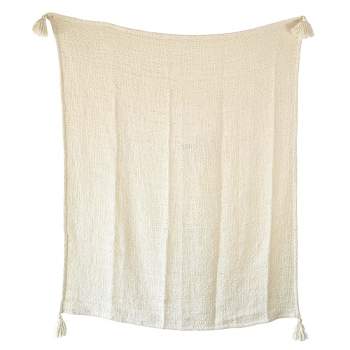 Hand Woven Tasseled Throw Blanket Cream Polyester by Foreside Home & Garden