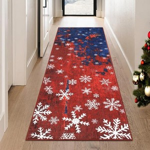 Snowflake Christmas Area Rug, Non Slip Foldable Low Pile Decorative Stain Resistant Carpet for Living Room Bedroom, Red/Blue - 1 of 4