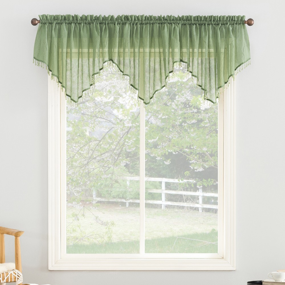 Photos - Curtain Rod / Track 51"x24" No. 918 Sheer Erica Crushed Voile Ascot Beaded Rod Pocket Curtain Valance Sage Green: Solid Polyester Voile