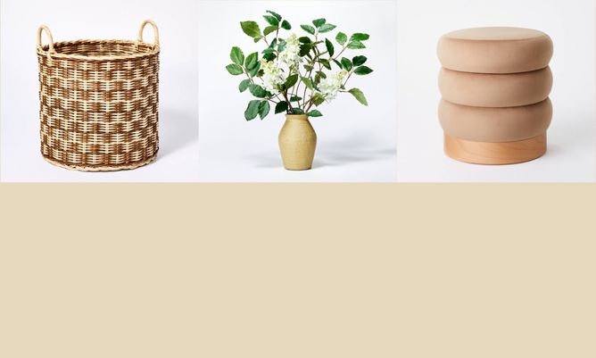 1st image: green tassel throw blanket. 2nd image: wicker basket with handles. 3rd image: artificial plant in ceramic vase. 4th image: velvet stool.