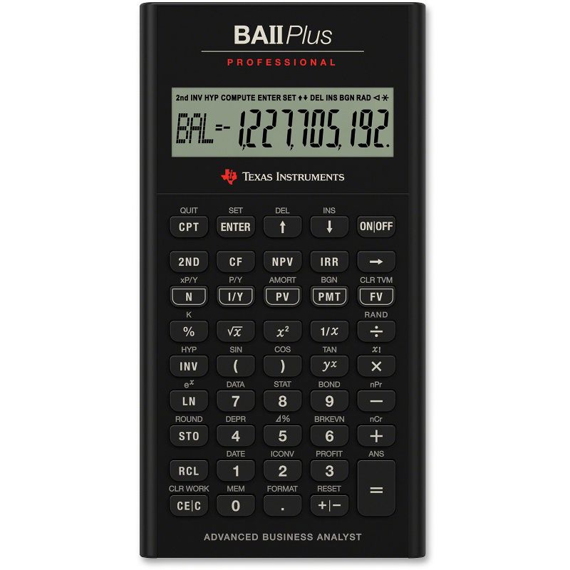 Texas Instruments Plus Professional Calculator 32 Cash Flows 3"x6"x3/5" BK BAIIPLUSPRO, 1 of 2