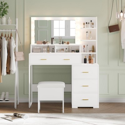 White Makeup Vanity Desk with Mirror, 5 Drawers and Shelves